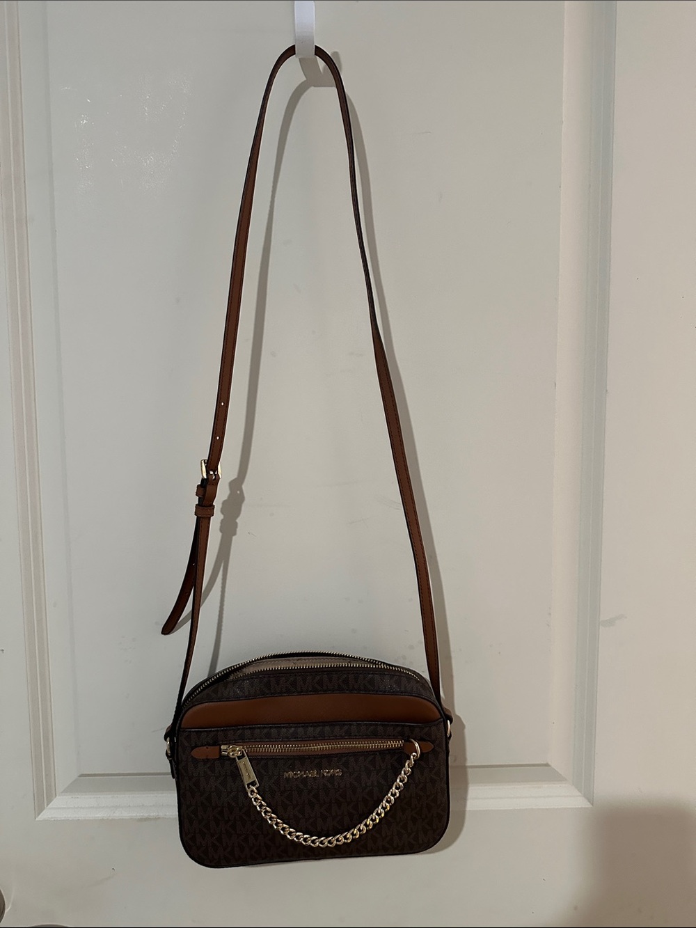 Michael Kors Brown Logo Crossbody with Gold Chain Detail